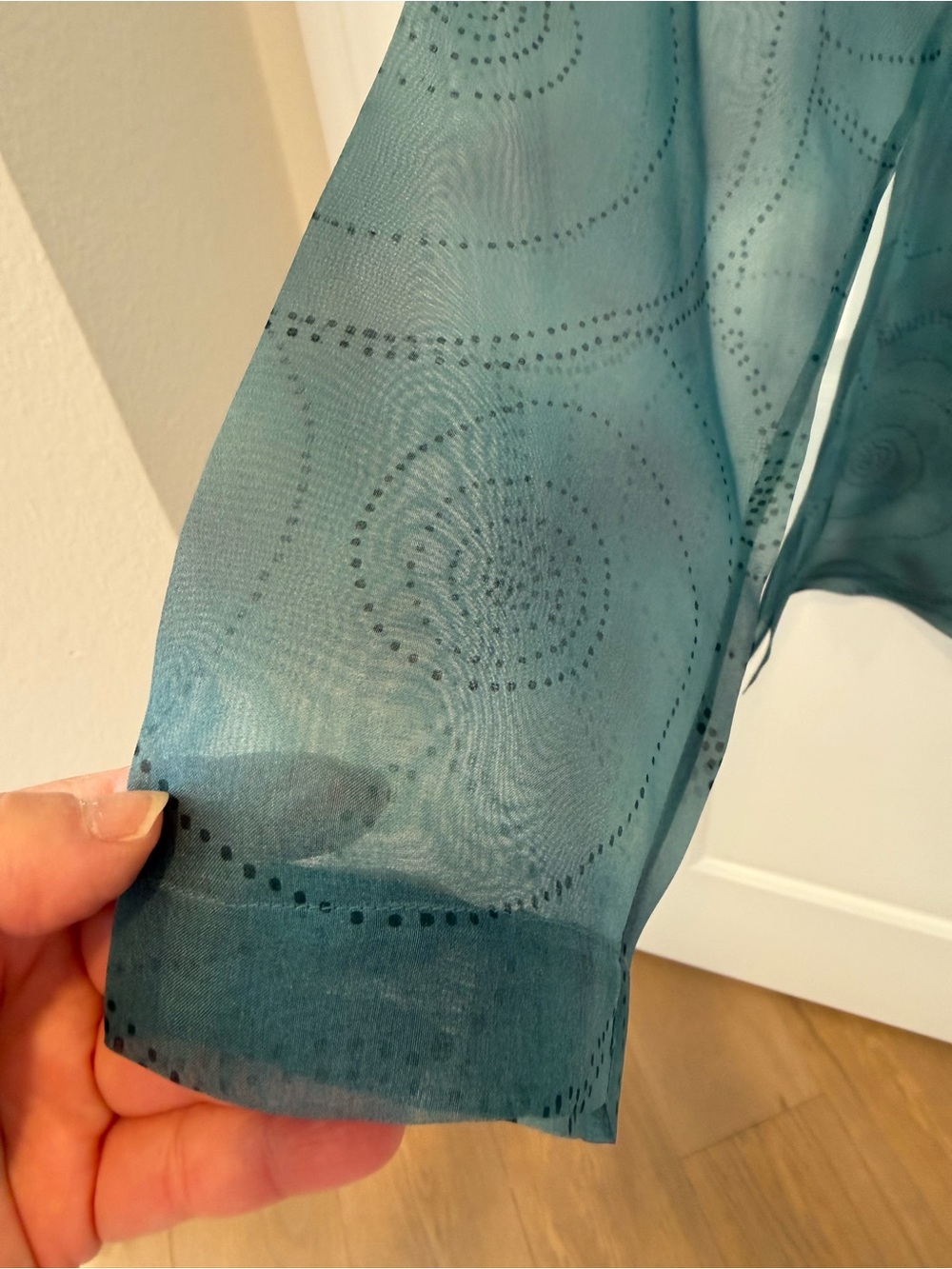 100% silk DUE per DUE Teal Sheer Button-Front Blouse - Picture 2 of 6